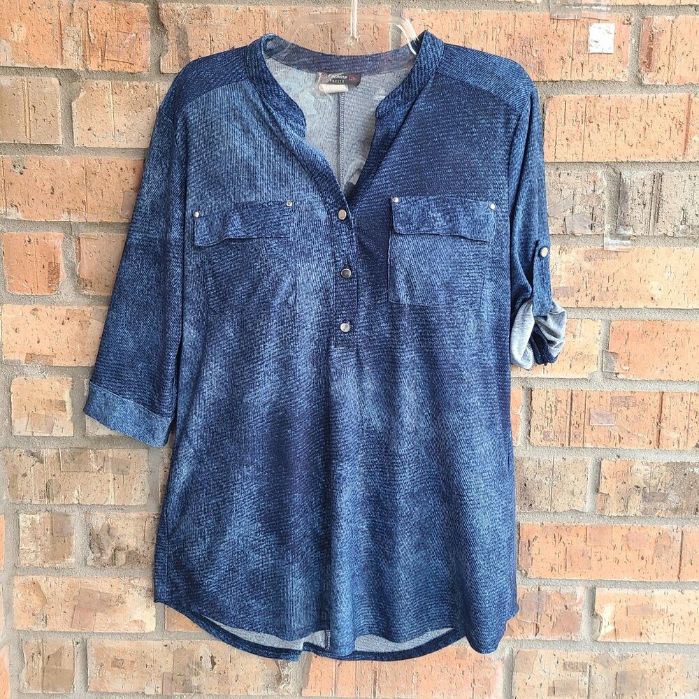Cocomo Womens Top Blouse Popover 3/4 Sleeves Roll Tab Blue Size S